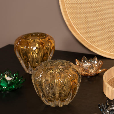 EDG Vase Farget Glass Light Yellow og Green sammen med EDG Fat Rattan Natural og Margit Brandt Telysholder Lotus Crystal serien